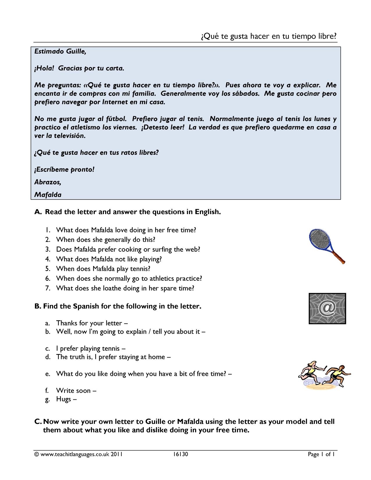 Reading Worksheet Free Time KS3 Spanish Teaching Resource Worksheets Library