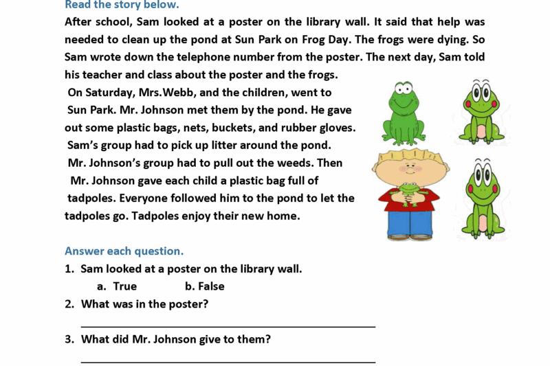 Level 2 Reading Comprehension Worksheets