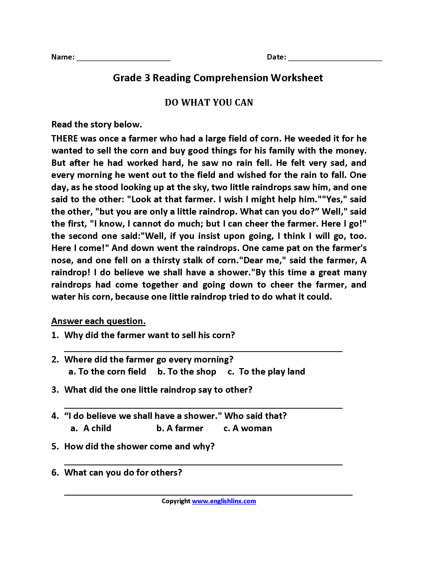 Printable 3rd Grade Reading Comprehension Worksheets