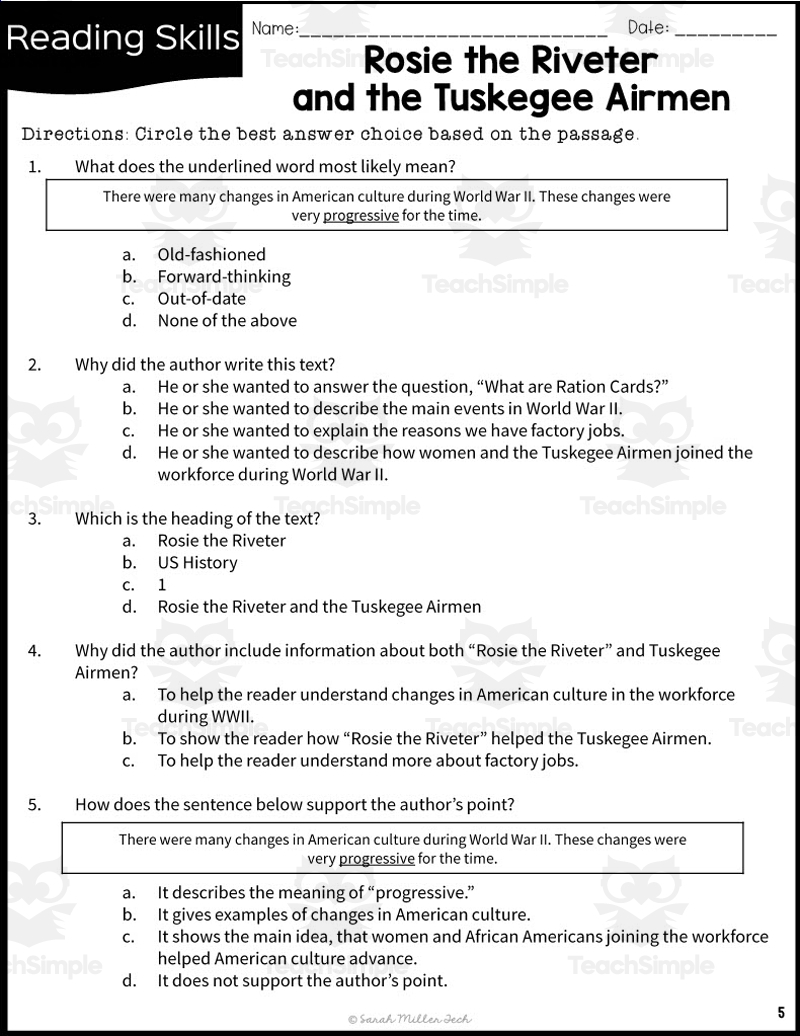 Rosie The Riveter And The Tuskegee Airmen Reading Packet