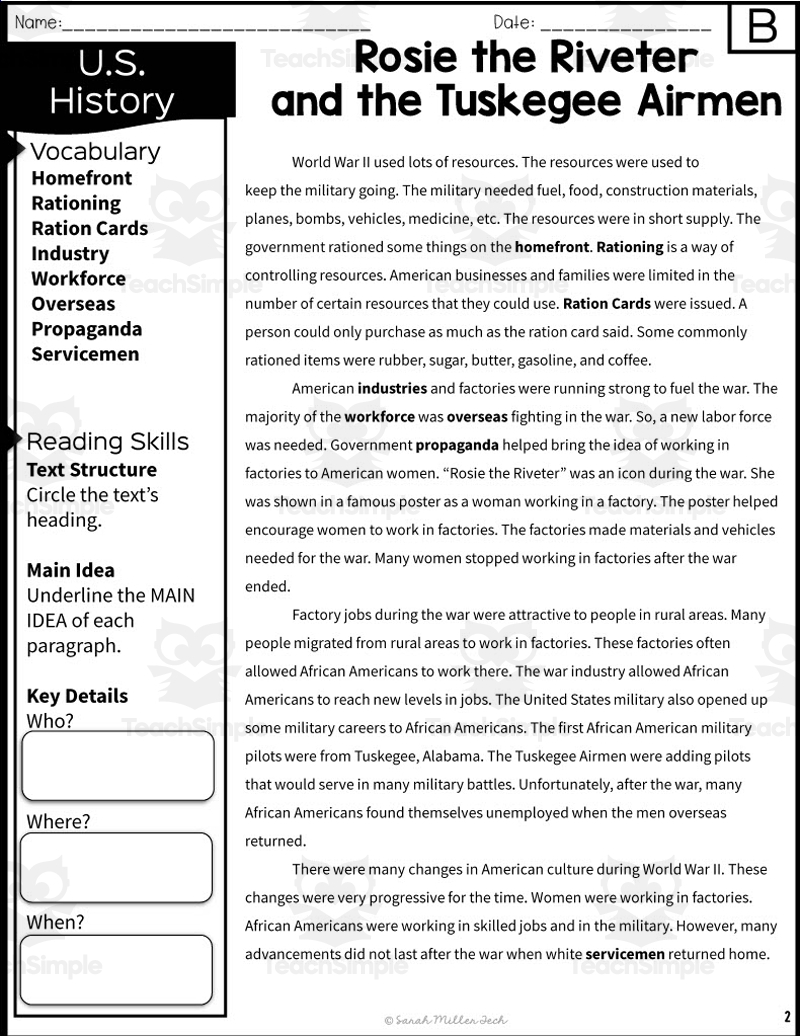 Rosie The Riveter And The Tuskegee Airmen Reading Packet
