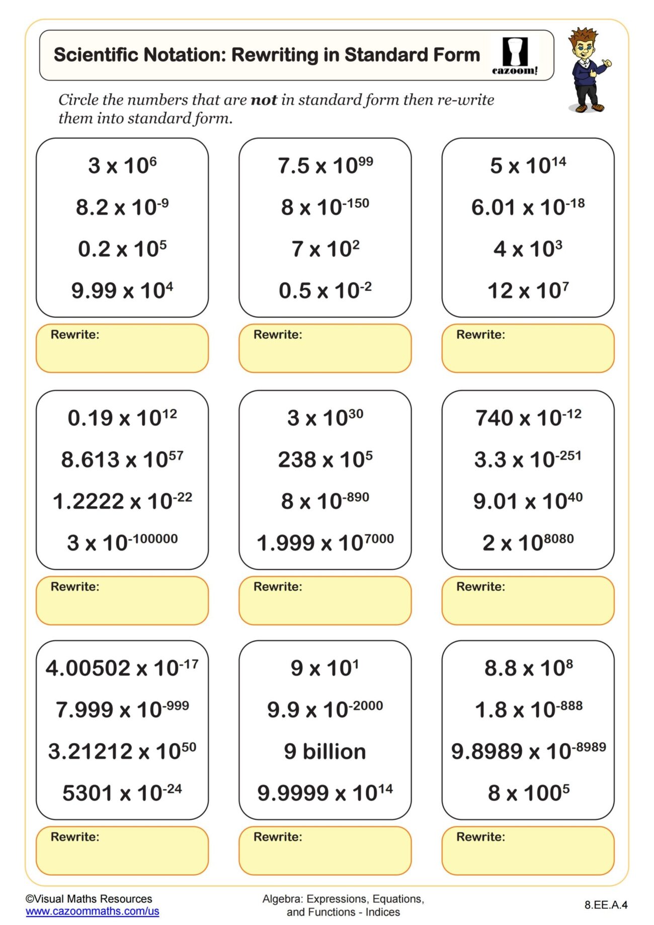 Scientific Notation Rewriting In Standard Form Worksheet PDF