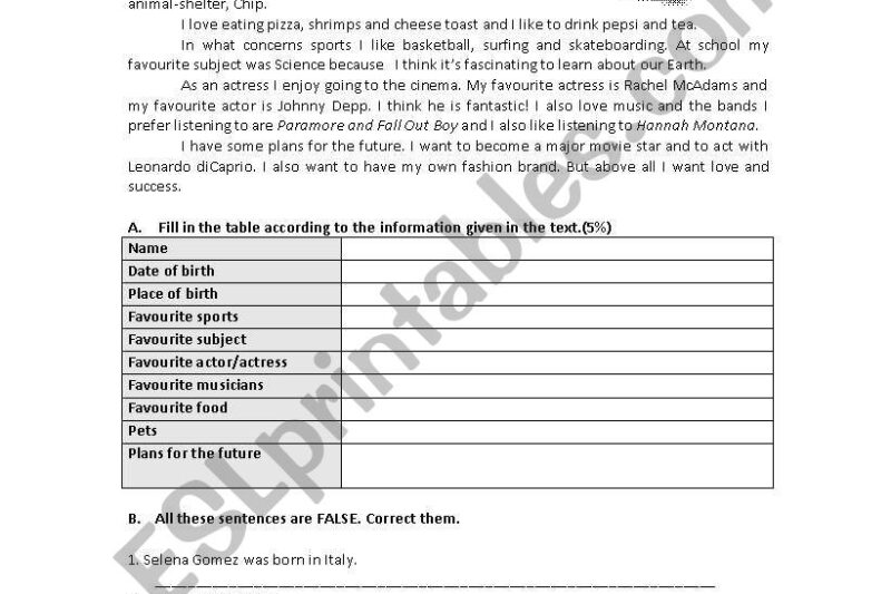 Selena Gomez Reading Comprehension Worksheet
