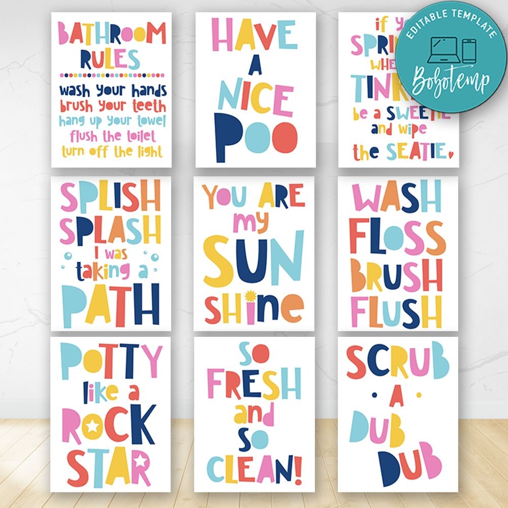 Set Of 9 Colorful Kids Bathroom Signs Digital File Printable DIY Bobotemp
