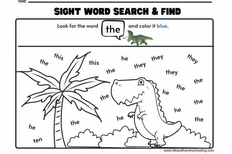 Fun Kindergarten Dinosaur Sight Words Worksheets