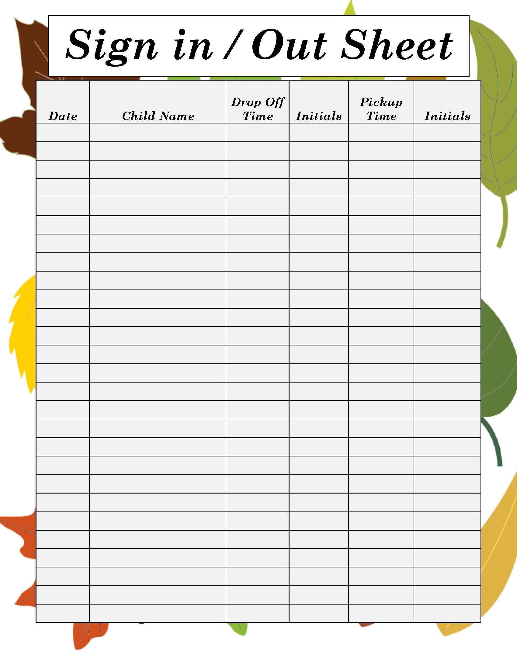 Sign In Sign Out Sheet for Daycare School Preschool Sports Recreational Activities Sign In Out Forms Sign In Sheet 2nd Etsy Canada