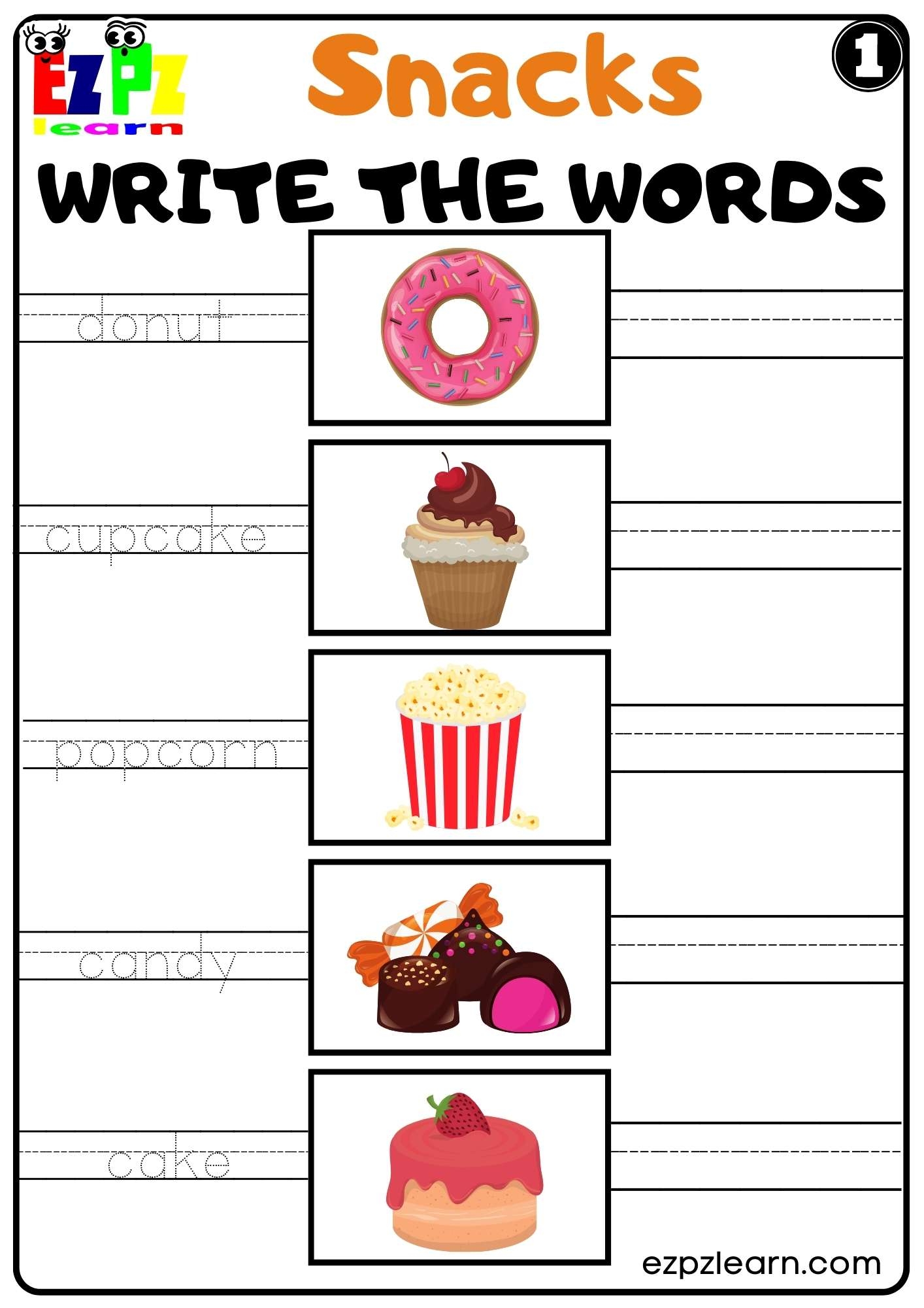 Snacks Write The Words Worksheet For ESL And Kindergarten K5 Free PDF Download Set 1 Ezpzlearn