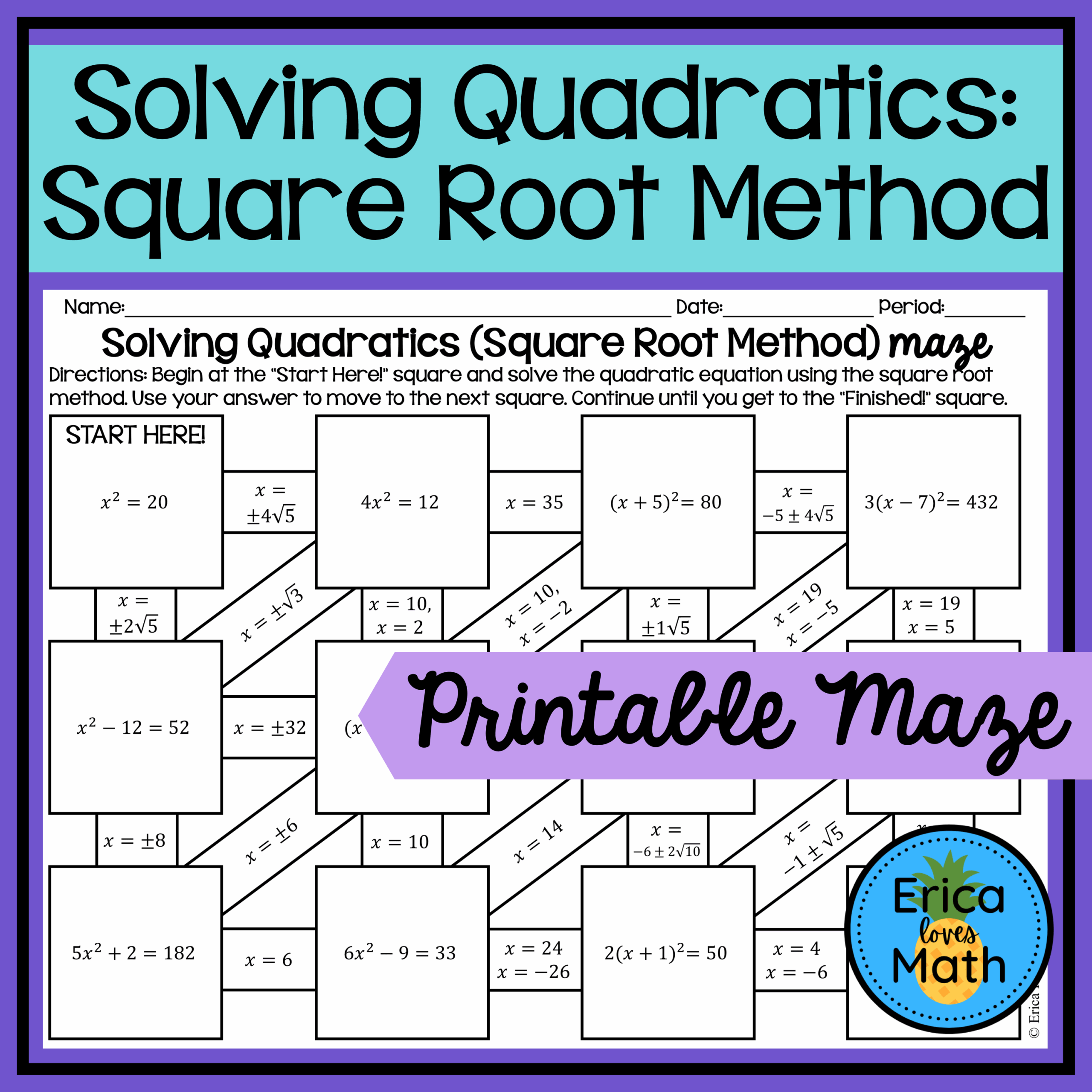 Solving Quadratic Equations By Square Root Method Activity Maze Classful Solving Quadratic Equations By Square Root Method Activity Maze Classful