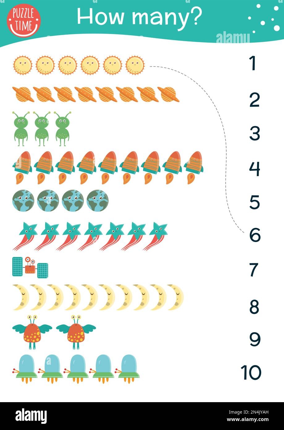 Space Counting Game Math Activity For Preschool Children With Planets Rocket Aliens Stars How Many Objects Printable Worksheet Educational Astro Stock Vector Image U0026 Art Alamy