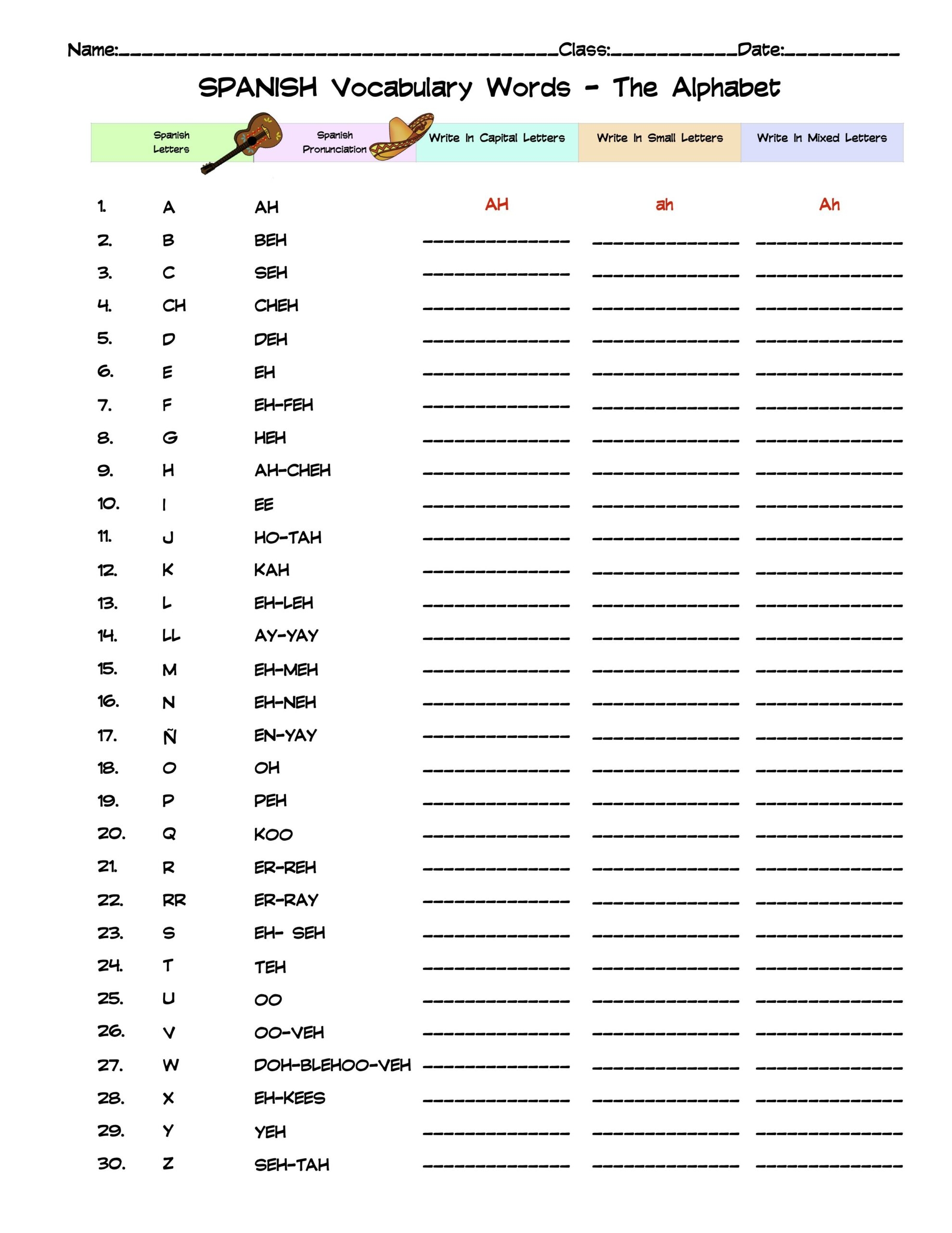 Spanish Alphabet Vocabulary Word List Column Worksheet Made By 