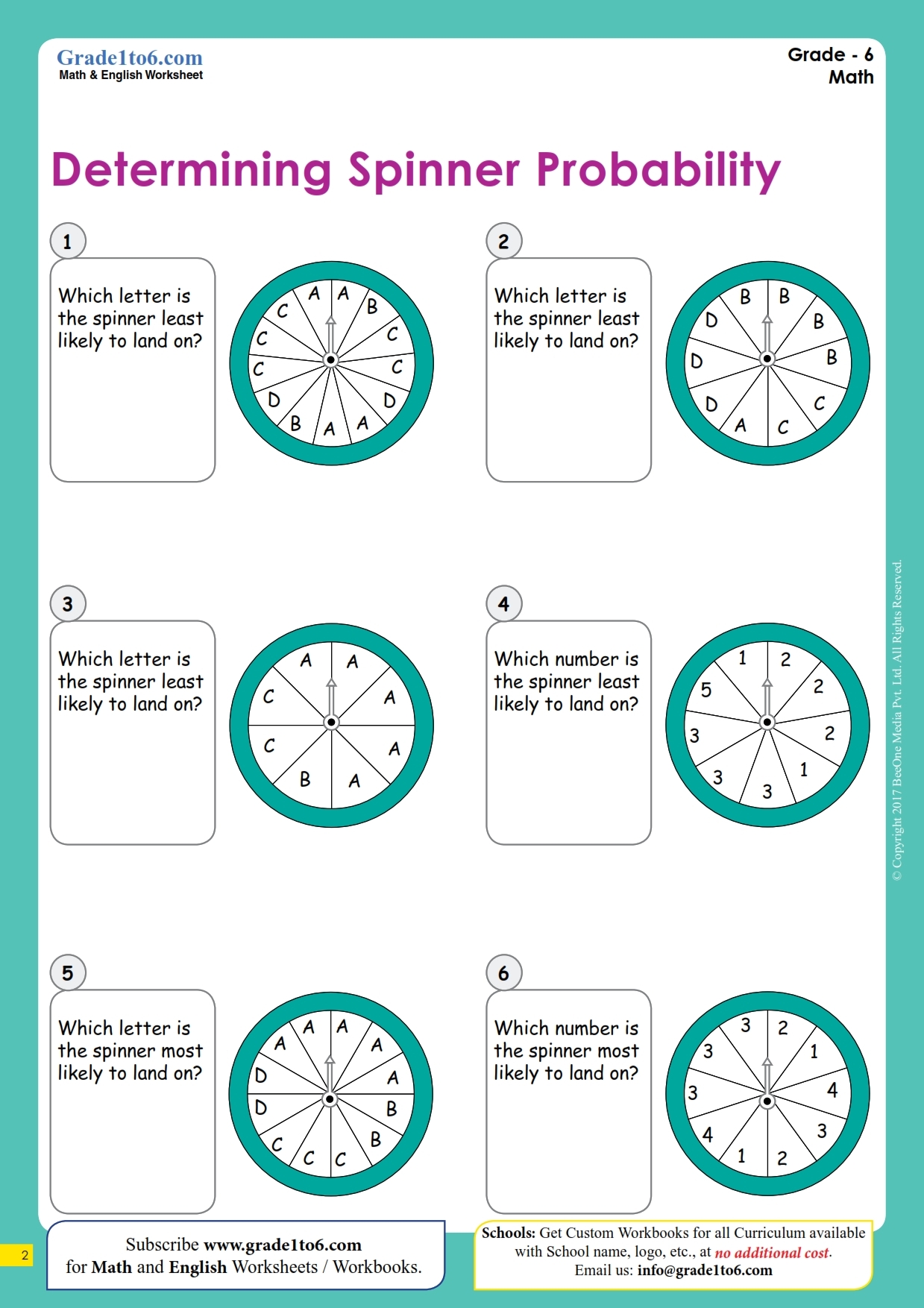 Spinner Probability Worksheets Grade1to6