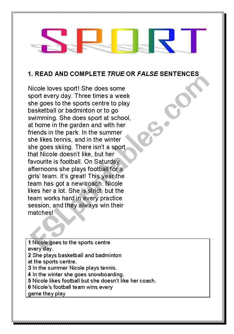 Reading Comprehension Sports Worksheets