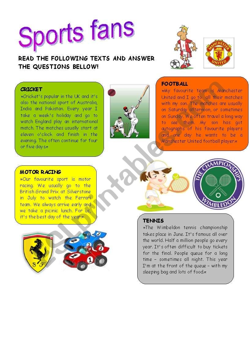 Sports Fans Reading Comprehension ESL Worksheet By Anny76