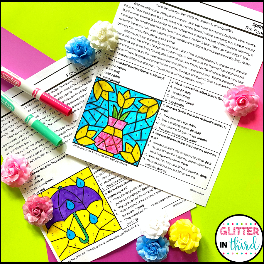 SPRING Reading Comprehension Passages Coloring Pages Color By Number Glitter In Third