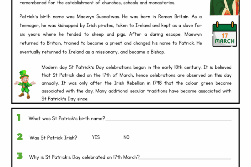 Ireland Reading Comprehension Worksheets