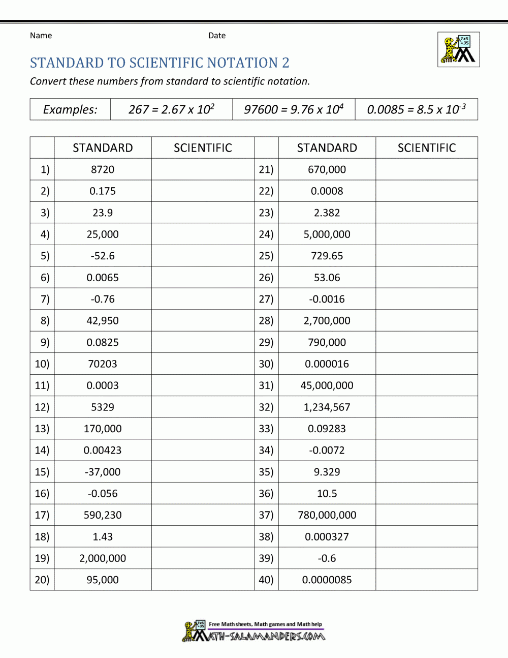 Scientific Notation Worksheet Free Printable
