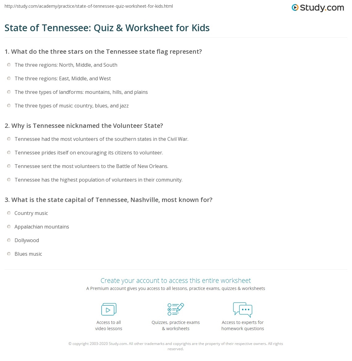 State Of Tennessee Quiz U0026 Worksheet For Kids Study
