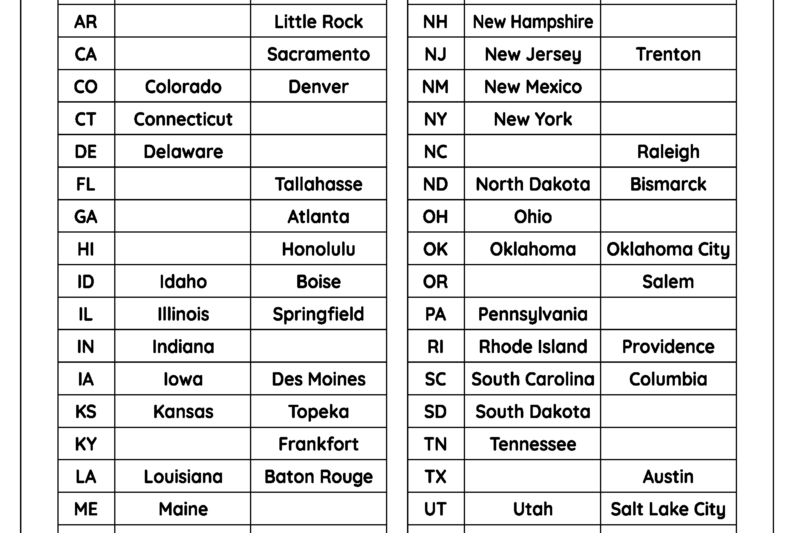 Free Printable State Capitals Worksheets