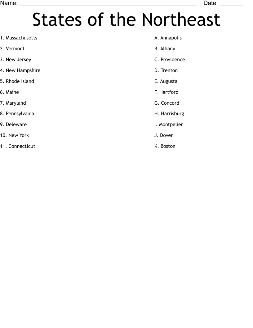 States Of The Northeast Worksheet WordMint