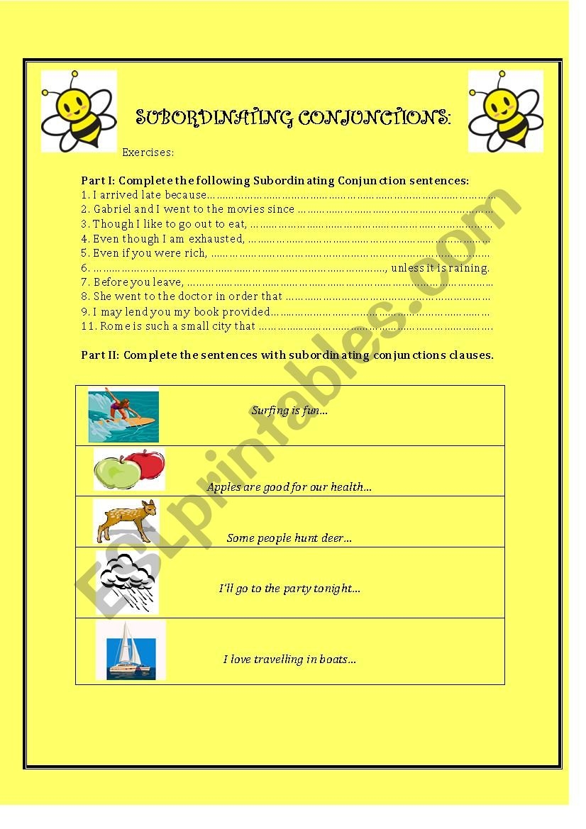 Free Printable Subordinating Conjunctions Worksheets