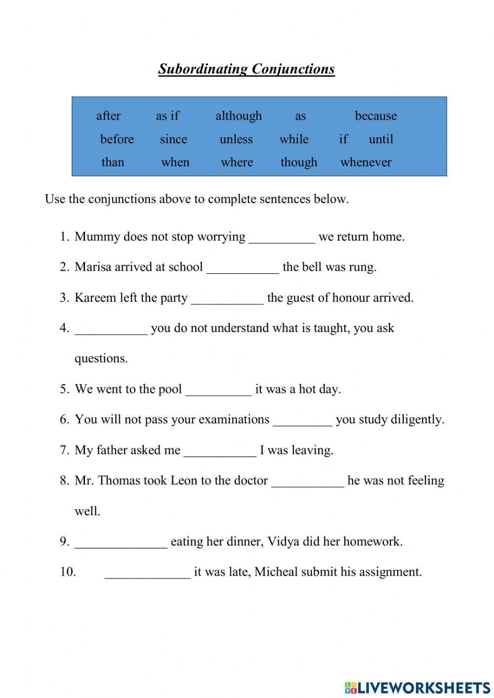 Subordinating Conjunctions Interactive Exercise Live Worksheets Worksheets Library