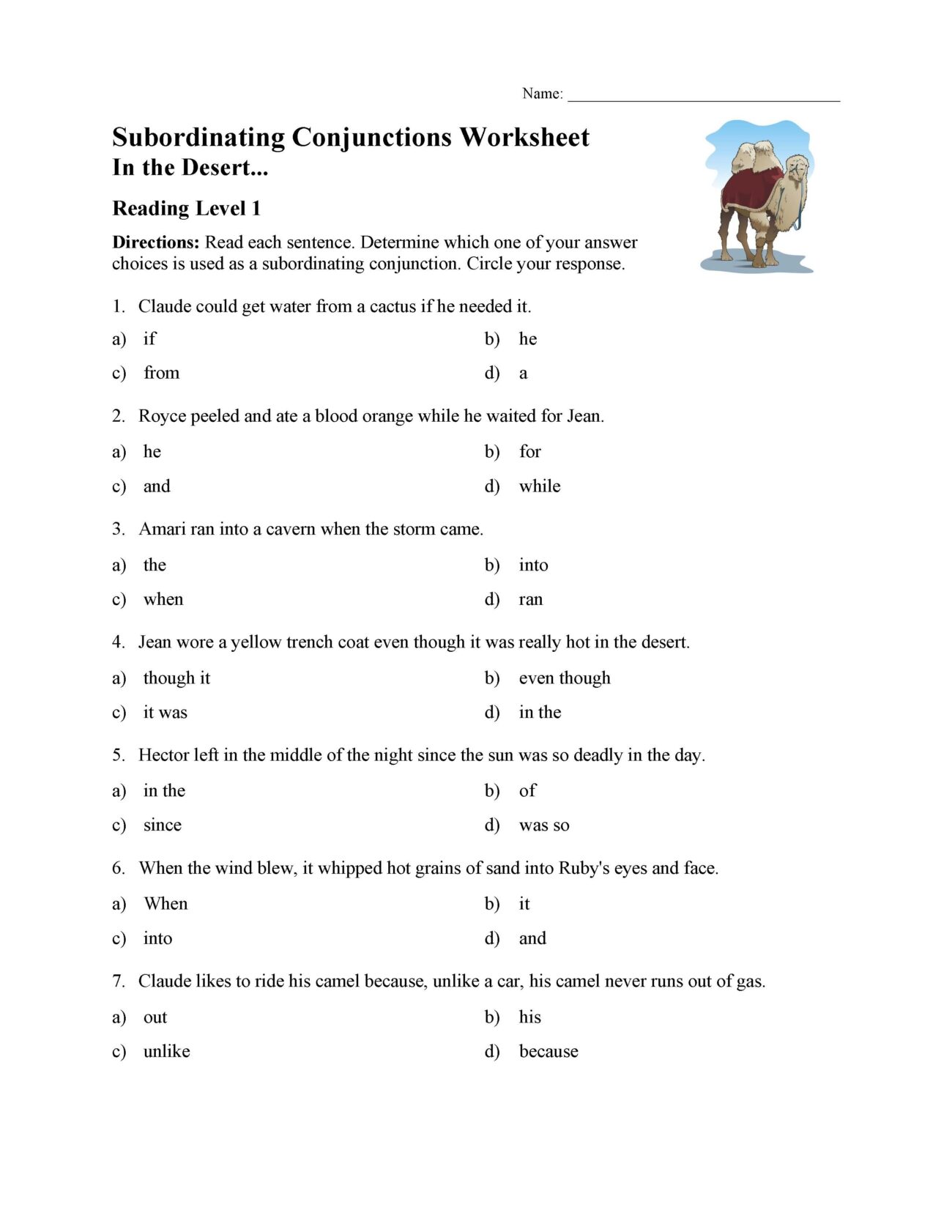 Subordinating Conjunctions Worksheet Reading Level 1 Preview Worksheets Library