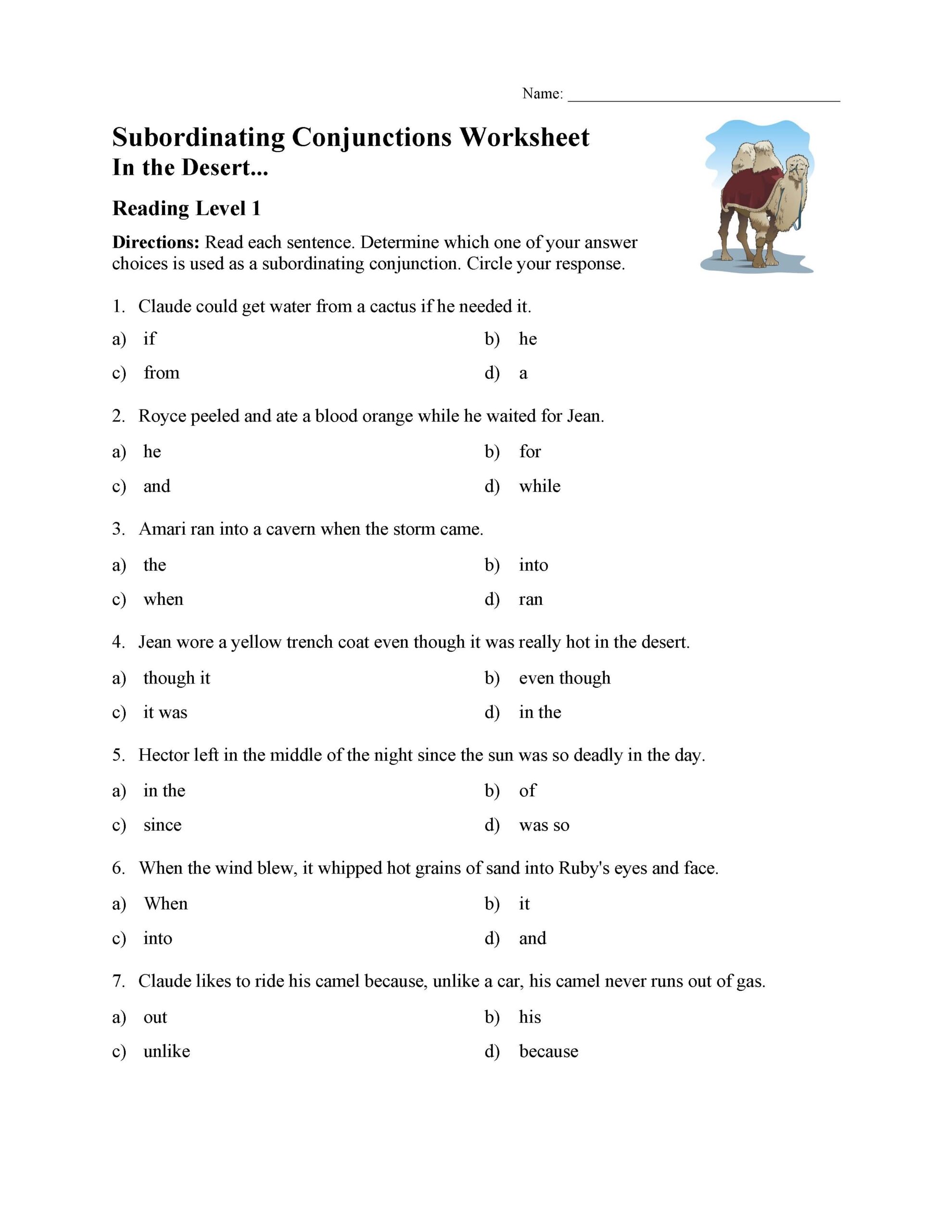 Subordinating Conjunctions Worksheet Reading Level 1 Preview Worksheets Library