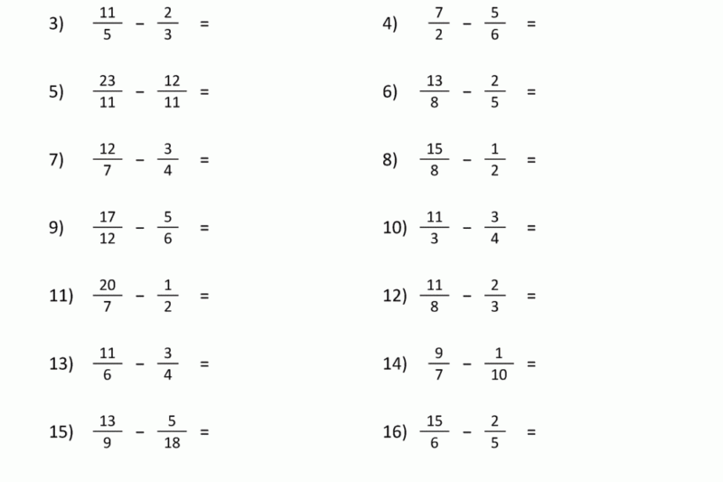 Free Printable Subtracting Fractions Worksheets