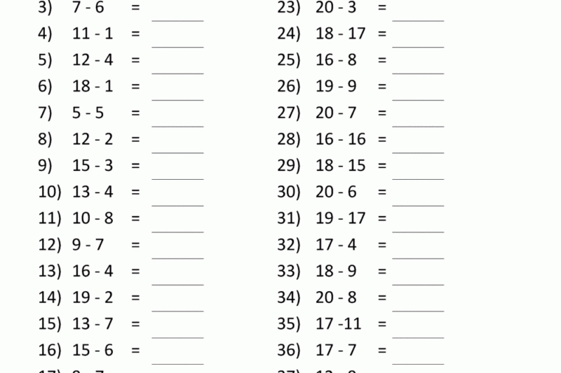 Free Printable Subtraction Facts Worksheets