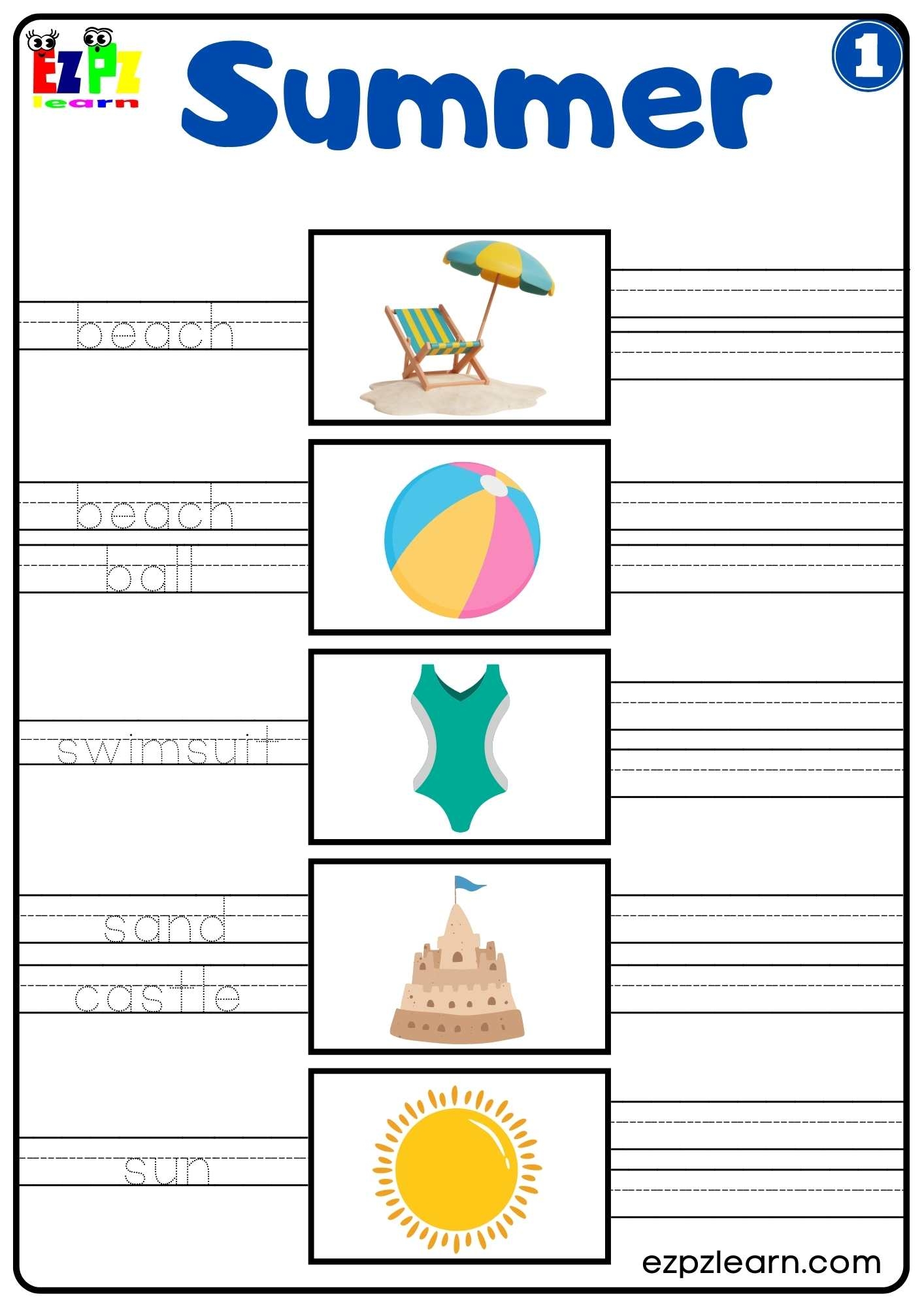Summer Write The Words Activity For Kids Set 1 Ezpzlearn