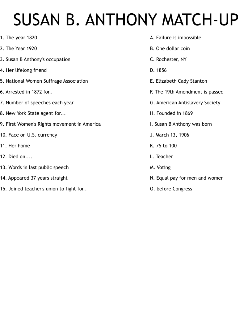 SUSAN B ANTHONY MATCH UP Worksheet WordMint