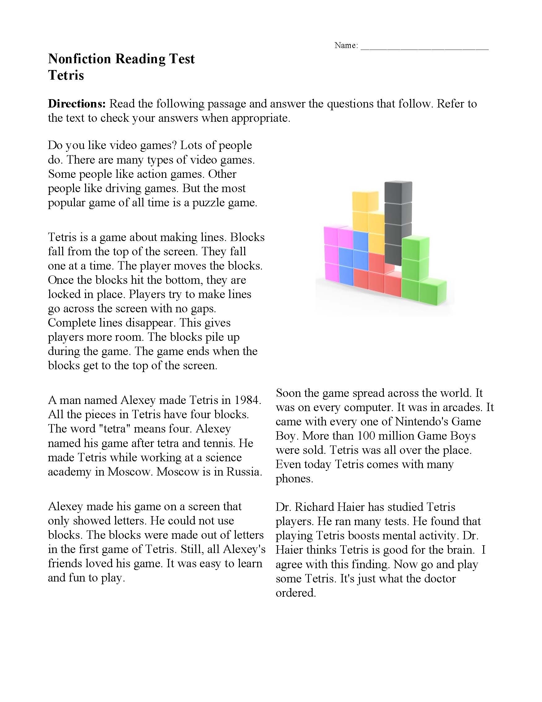 Tetris Nonfiction Reading Activity