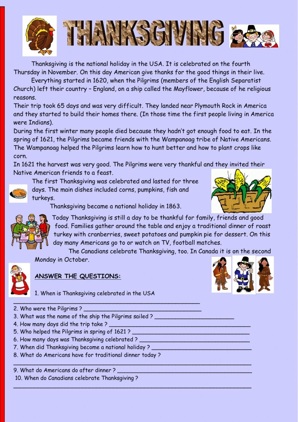Thanksgiving Reading Comprehension Worksheet Thanksgiving Reading Comprehension Worksheet