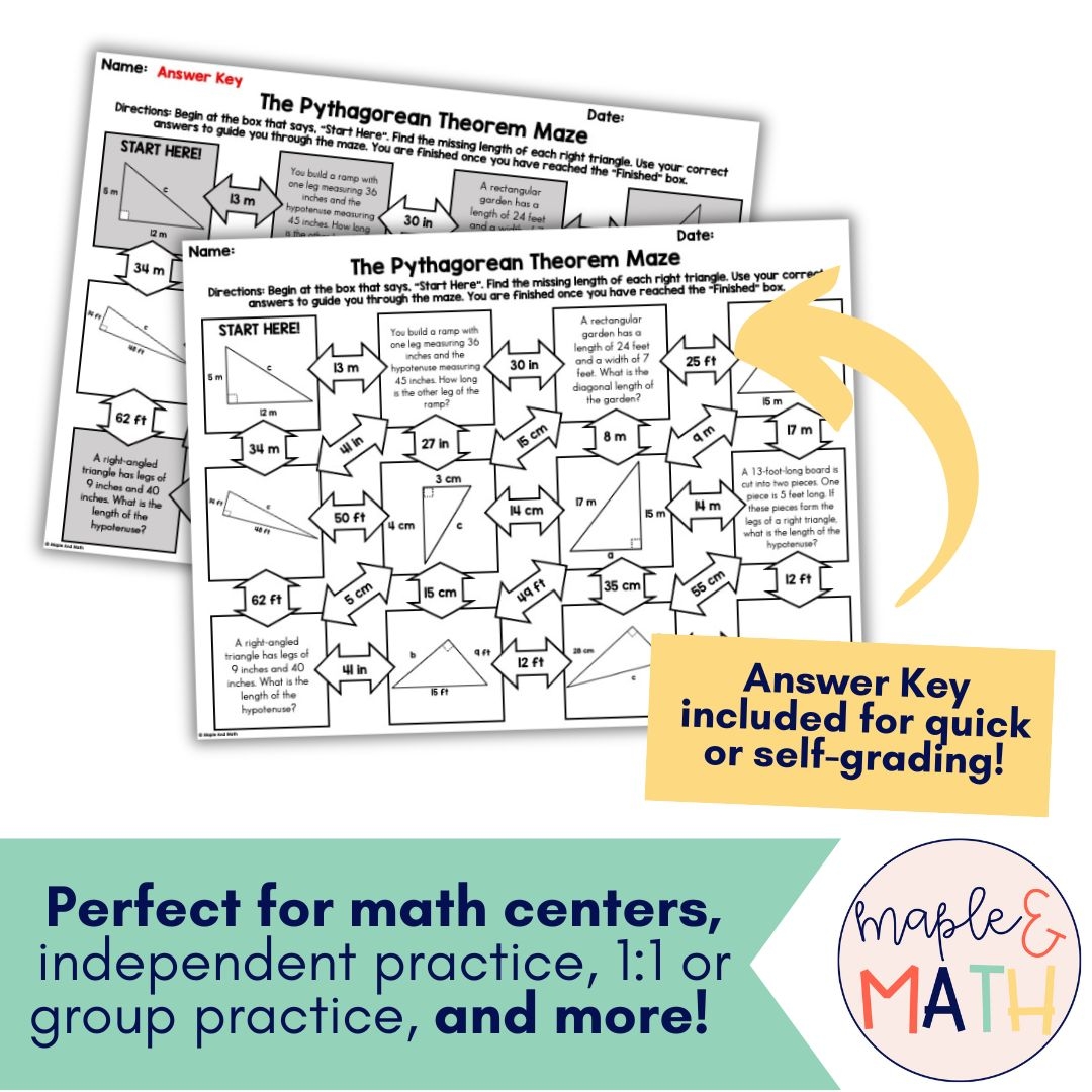 The Pythagorean Theorem Printable Maze Activity Worksheet 8th