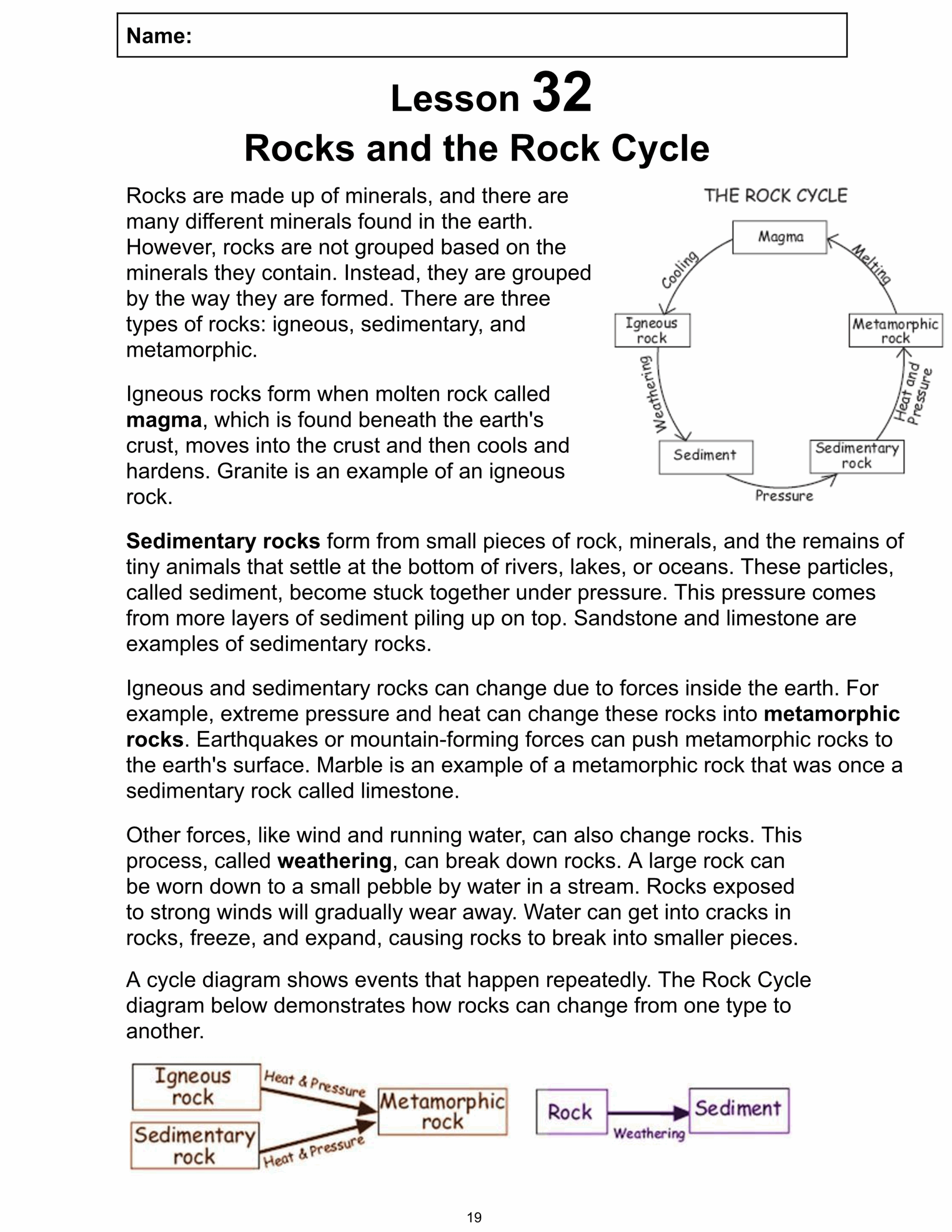 The Rock Cycle Reading Comprehension Worksheet