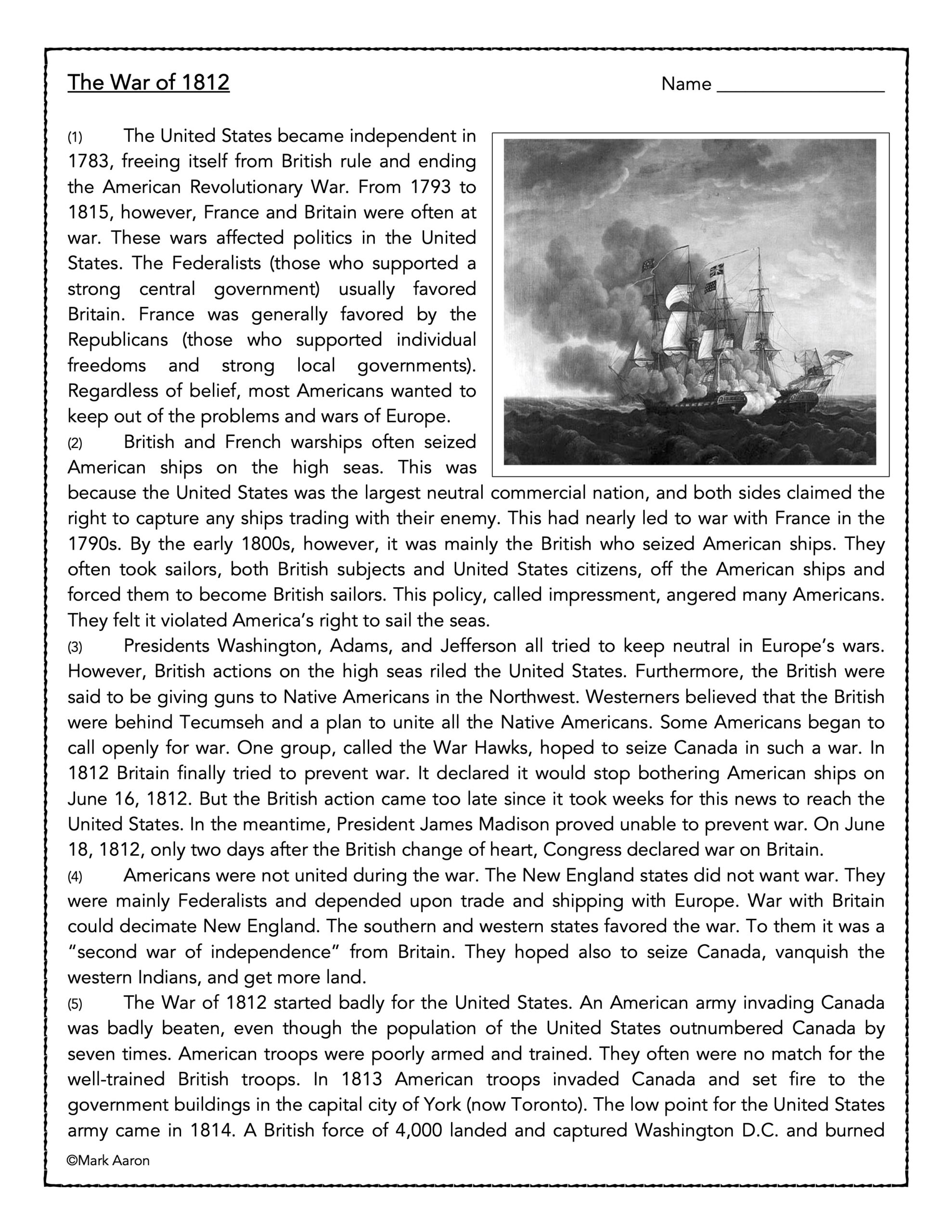 The War Of 1812 History Reading Passage And Assessment Classful