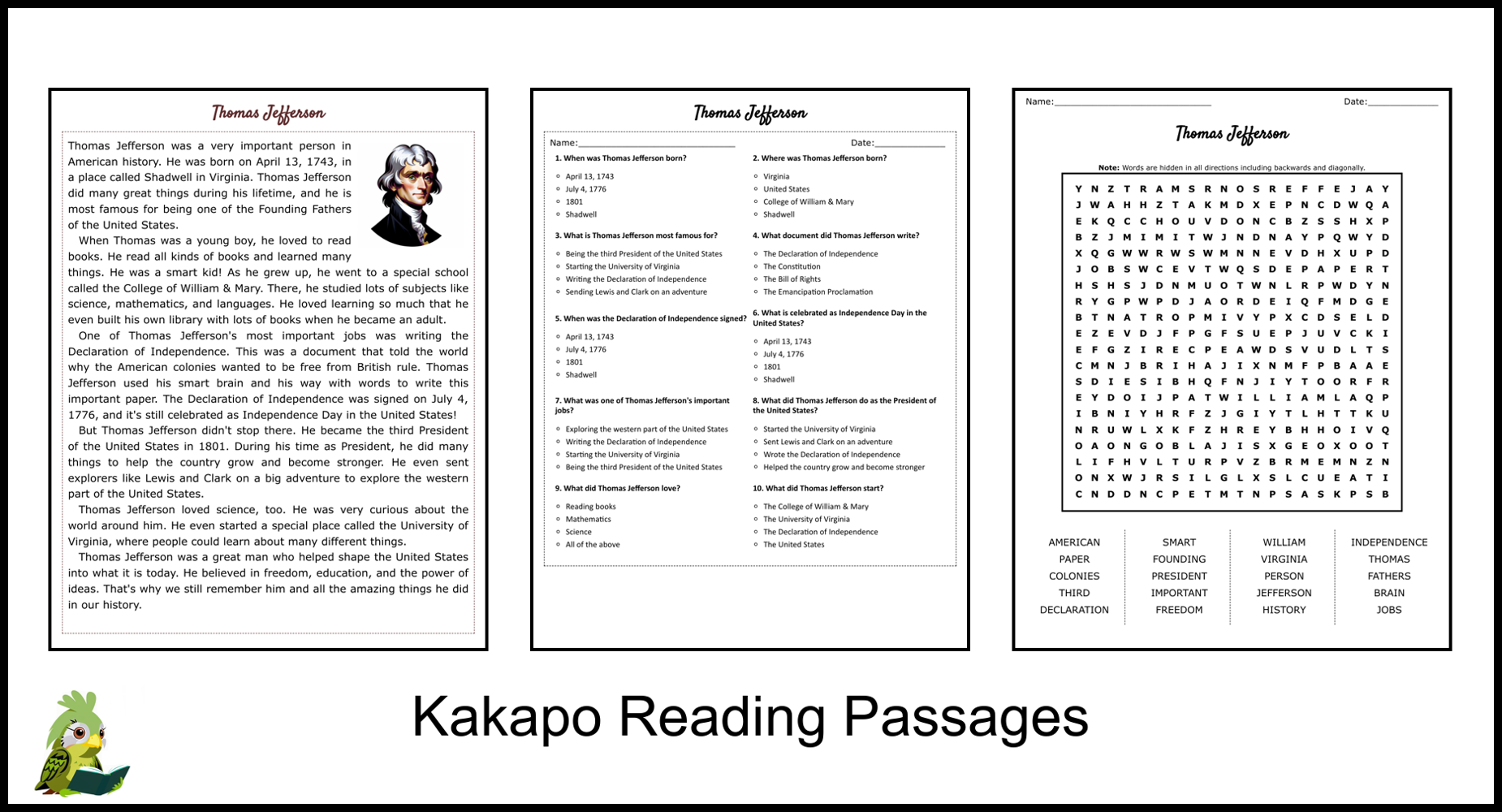 Thomas Jefferson Reading Comprehension And Word Search Teaching 