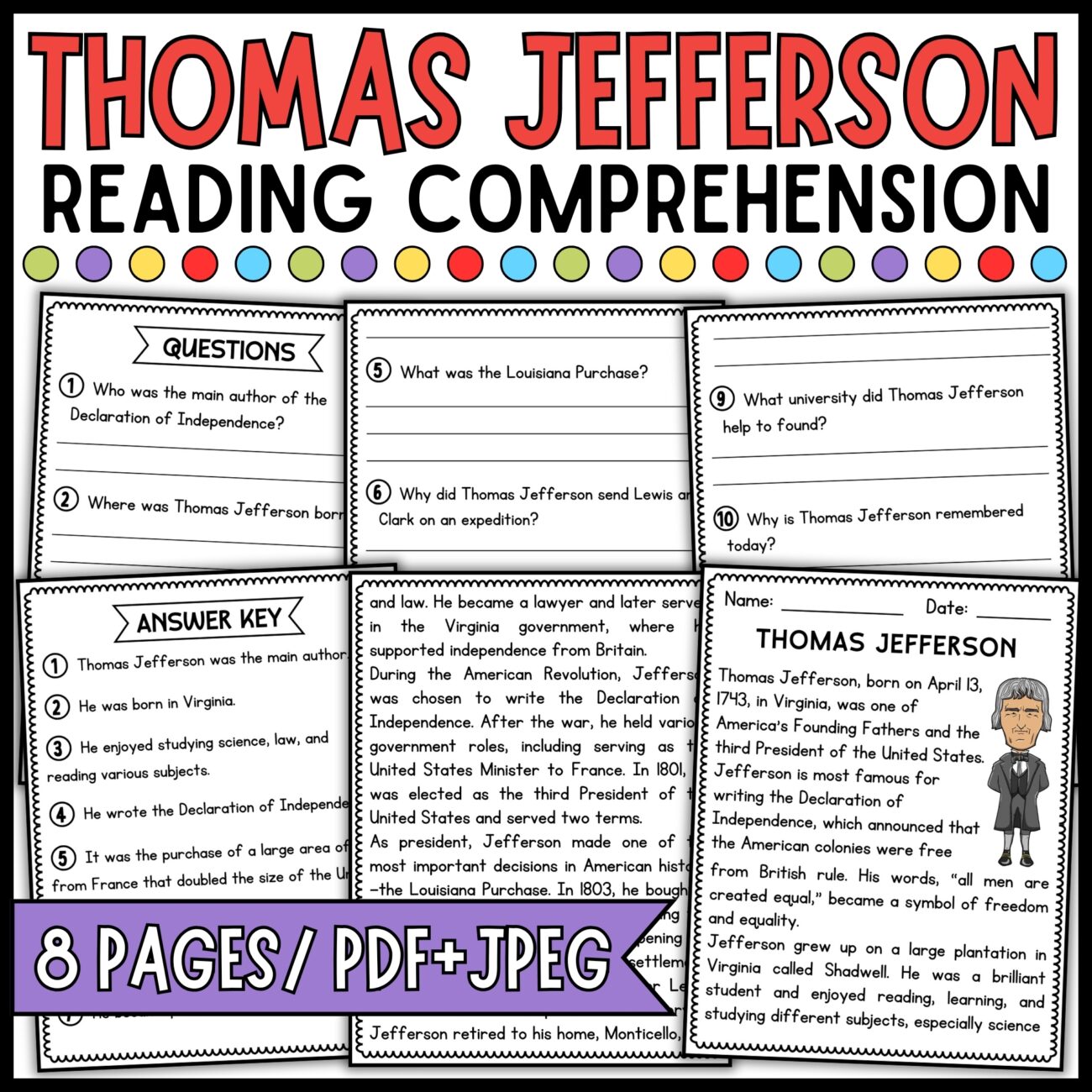 Thomas Jefferson Reading Comprehension Passage U0026 Questions