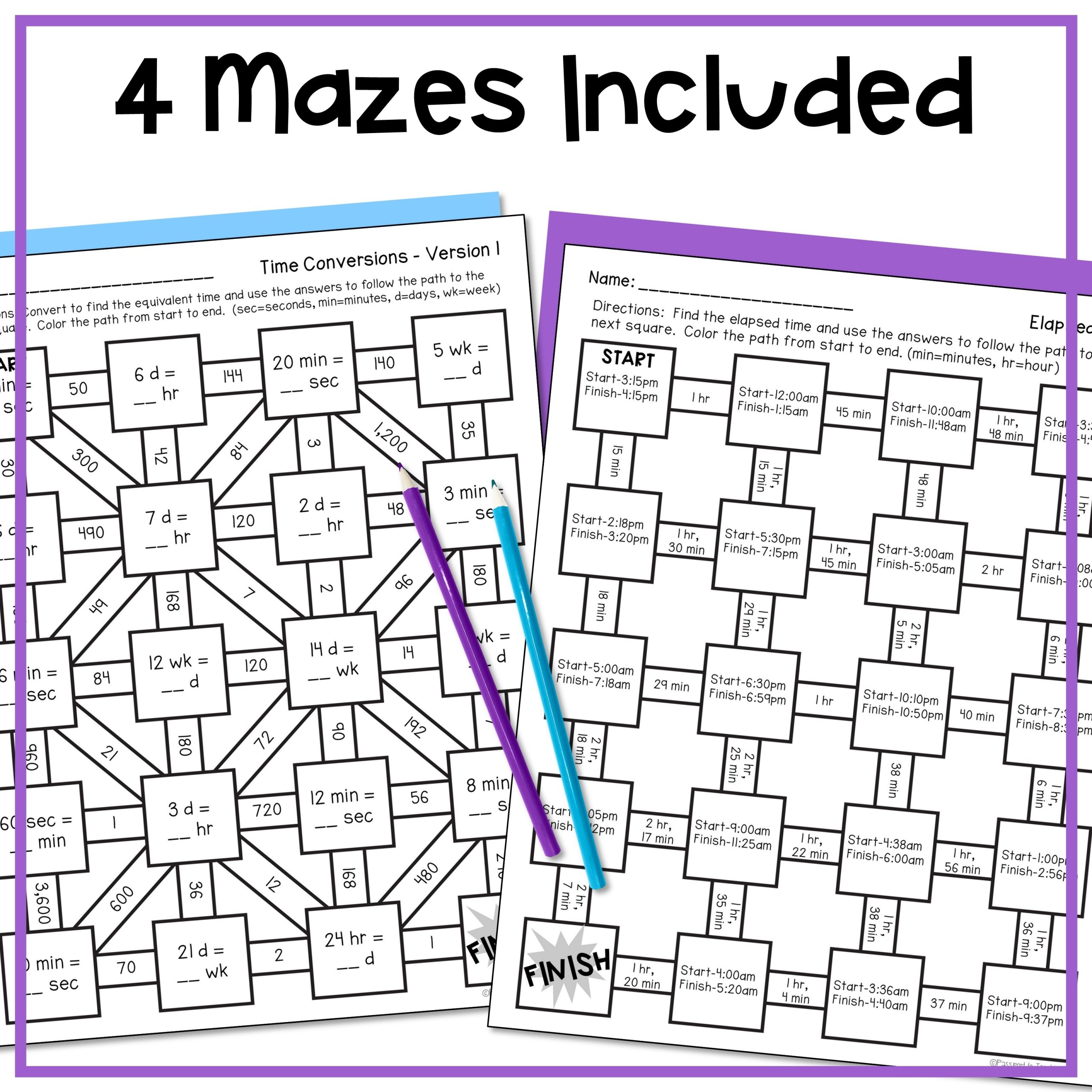 Time Conversion And Elapsed Time Math Mazes Made By Teachers