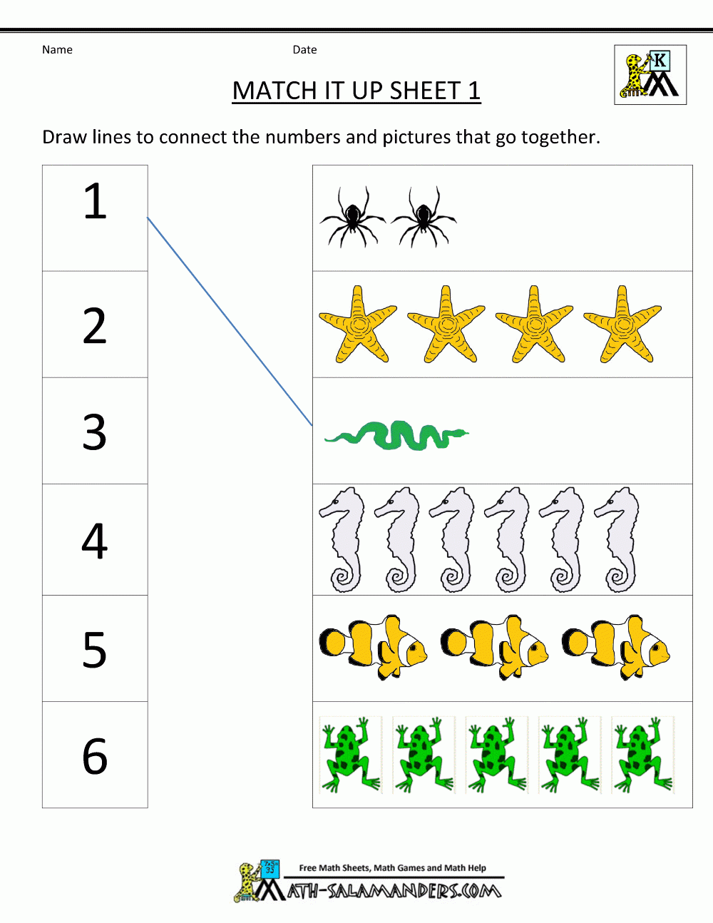Top Free Kindergarten Matching Worksheets Color Numbers 