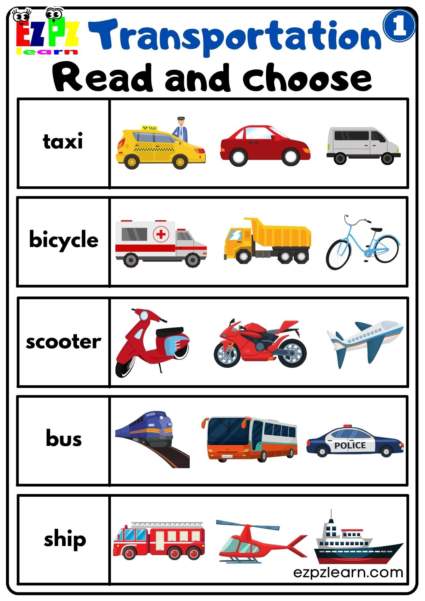 Transportation Vocabulary Read And Choose Worksheet Easy For Kids Free PDF Download Group 1 Ezpzlearn
