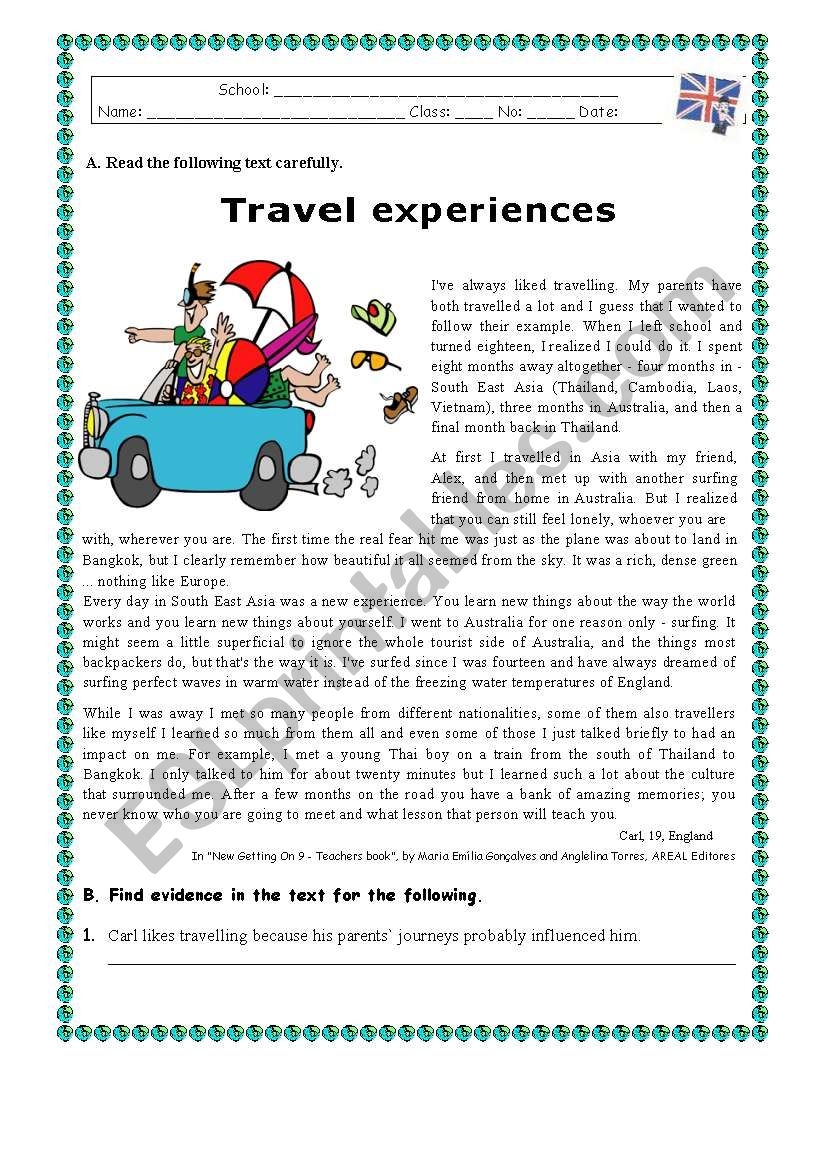 TRAVEL EXPERIENCES ESL Worksheet By Rosario Pacheco