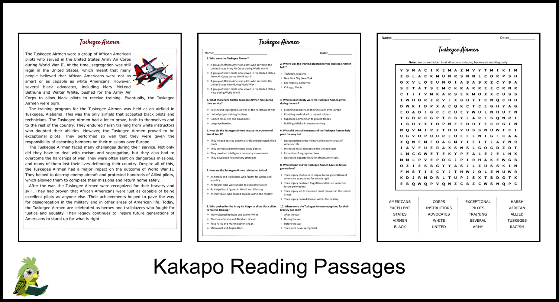 Tuskegee Airmen Reading Comprehension And Word Search Teaching Resources