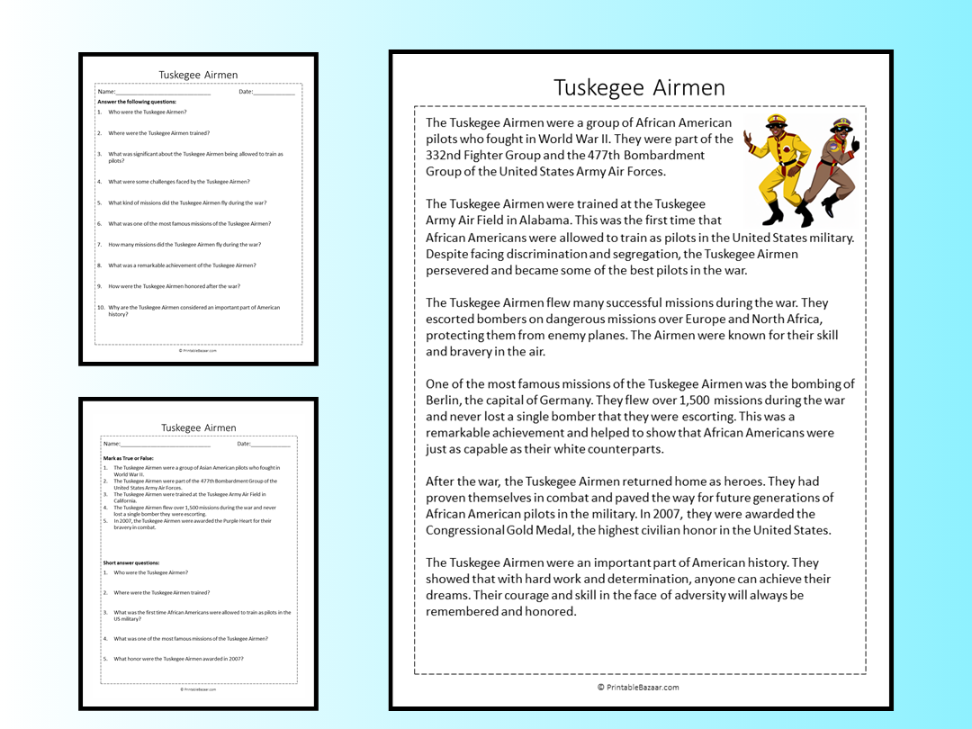 Tuskegee Airmen Reading Comprehension Passage Printable Worksheet Teaching Resources