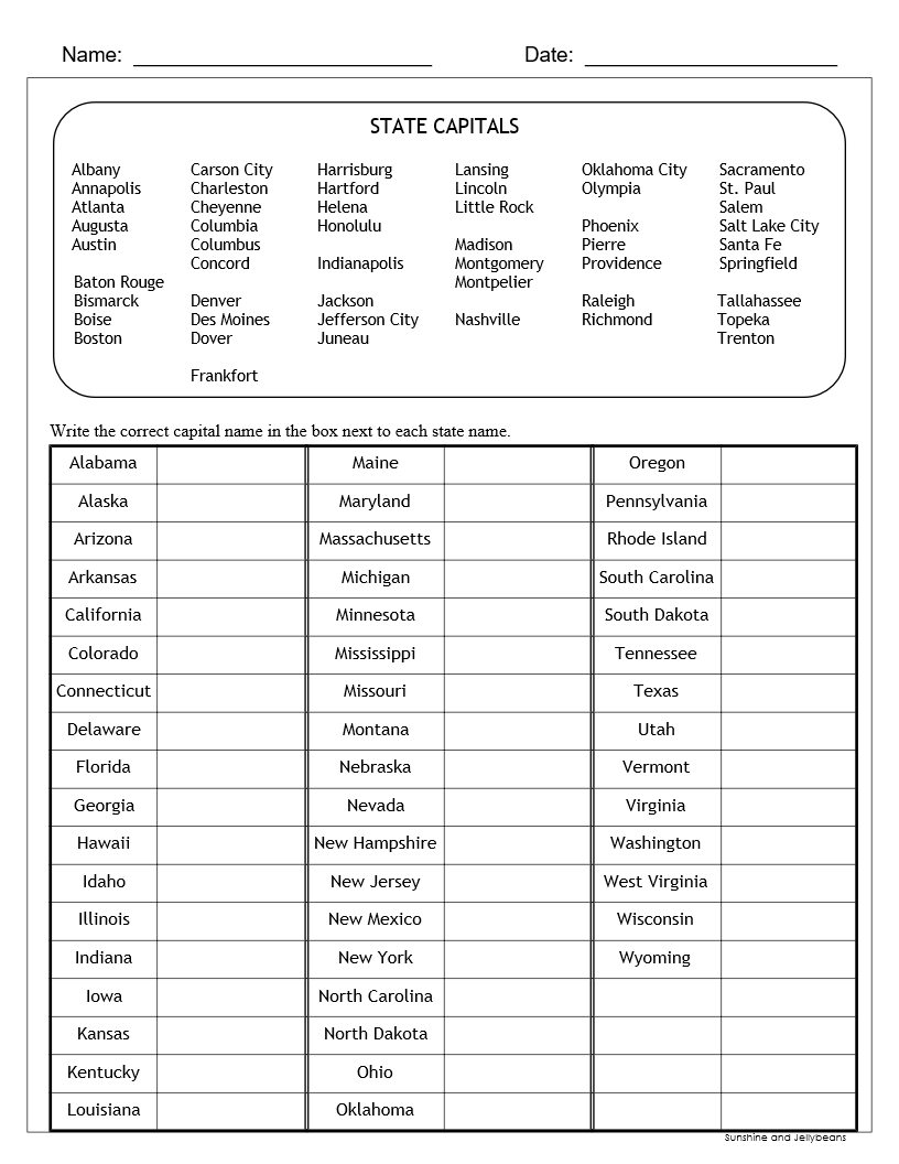 U S States U0026 Capitals Worksheets Test Sheets Maps U S Geography