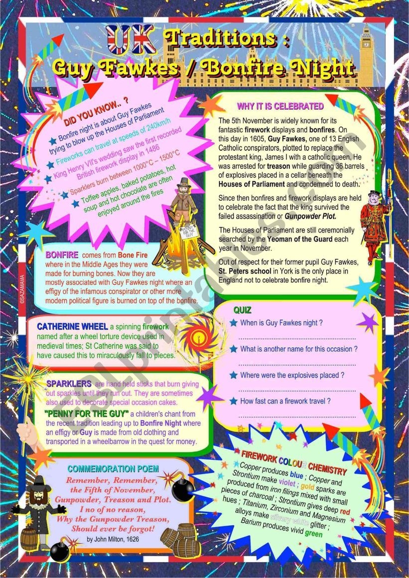 UK Traditions Guy Fawkes Bonfire Night ESL Worksheet By Sazamama