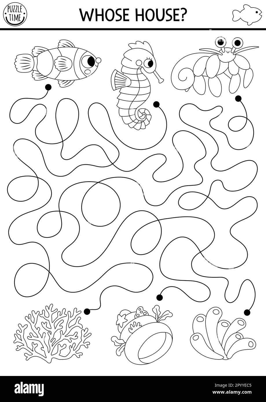 Under The Sea Black And White Maze For Kids With Clown Fish 