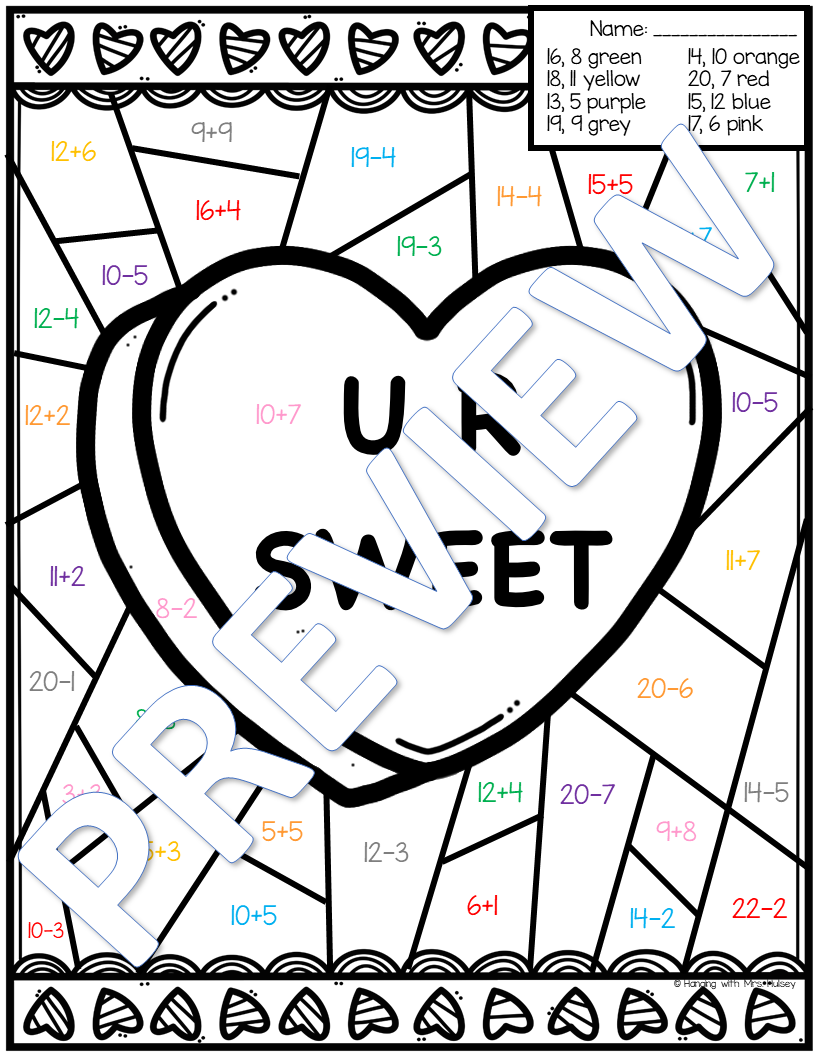 Valentine Color By Number Addition And Subtraction