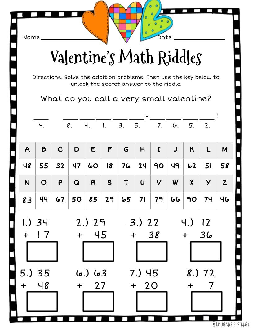 Valentine s Day Math Riddle Worksheets Two Digit Addition Mixed Regrouping