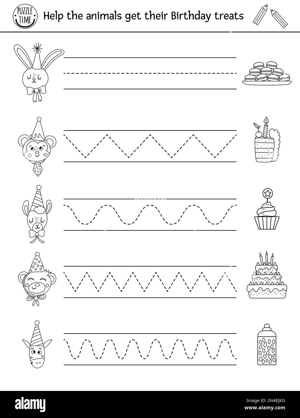 Vector Birthday Party Handwriting Practice Worksheet With Cute Animals And Desserts Holiday Printable Black And White Activity For Pre school Childre Stock Vector Image U0026 Art Alamy